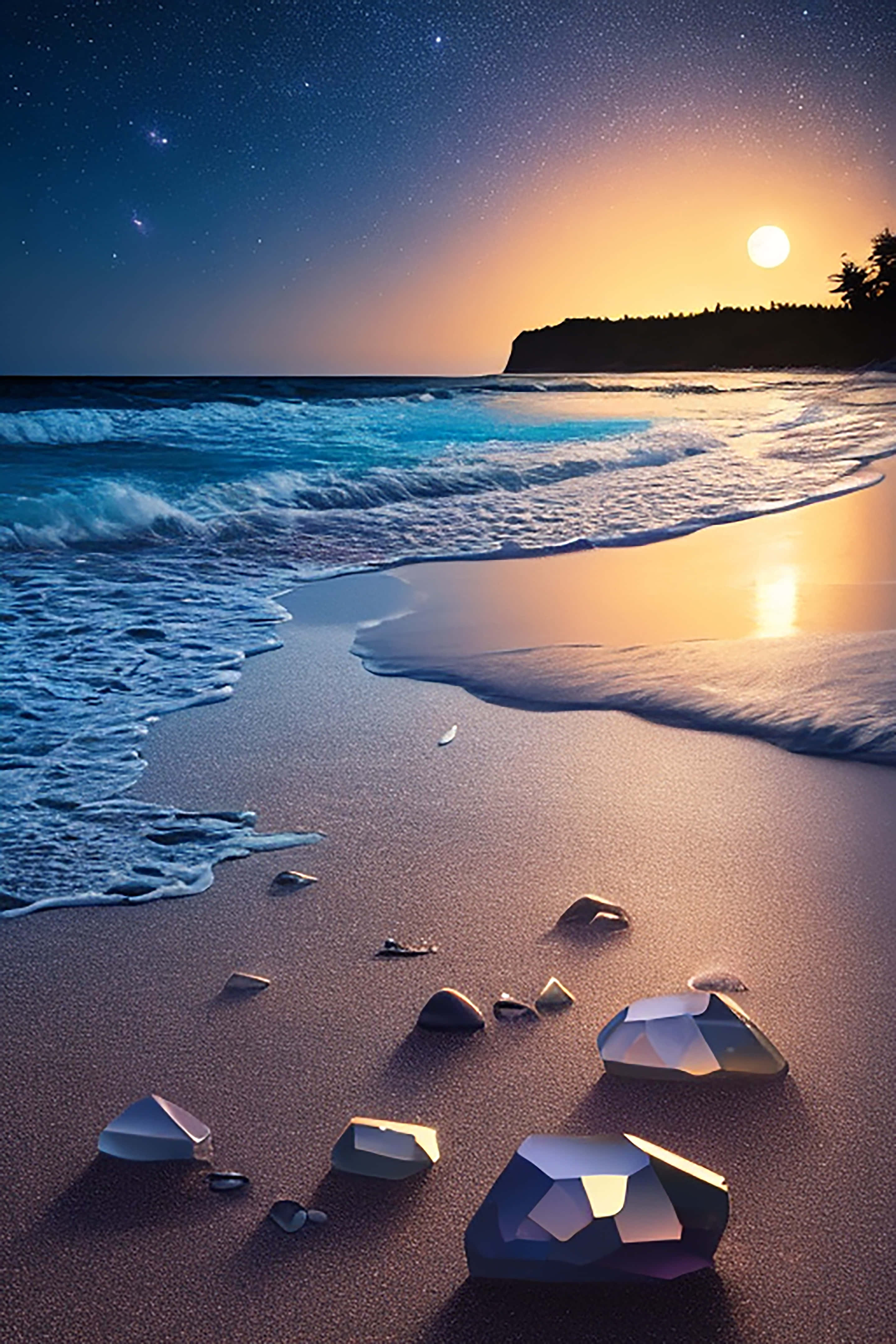 moonlight, coastal night scene, crystals, 4K Phone Wallpaper