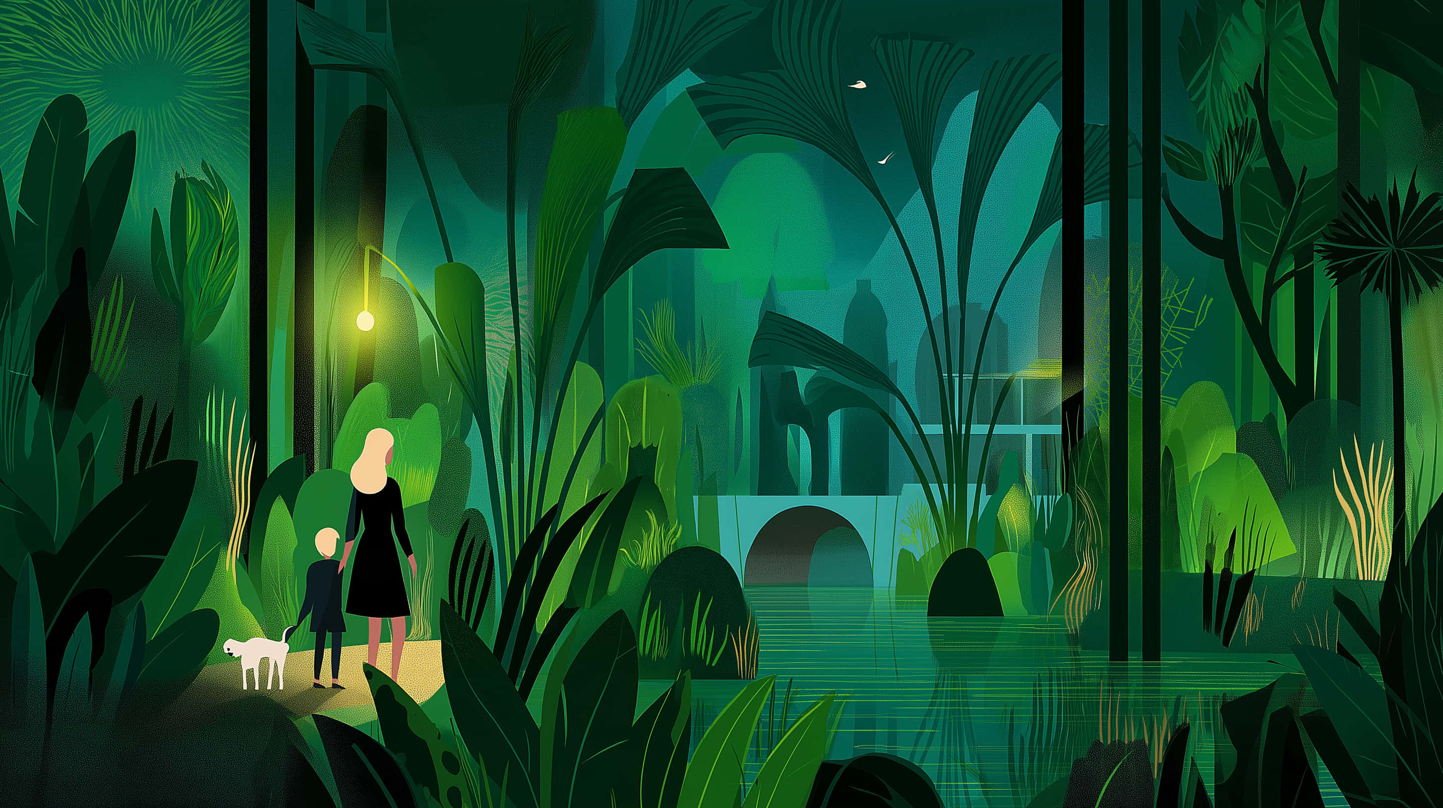 moonlit forest path, figures, water feature, 2K Desktop Wallpaper