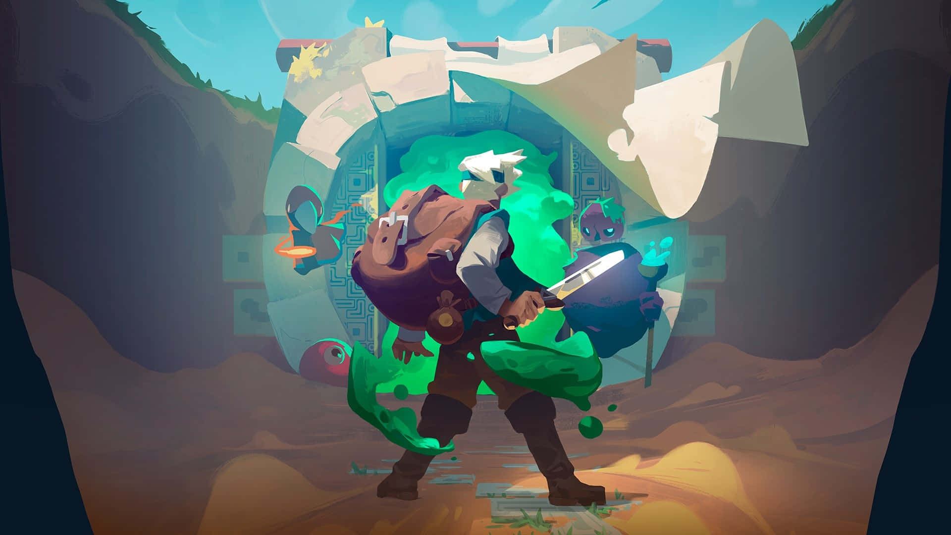 Moonlighter, game boss fight, glowing green portal, Full HD Desktop Wallpaper
