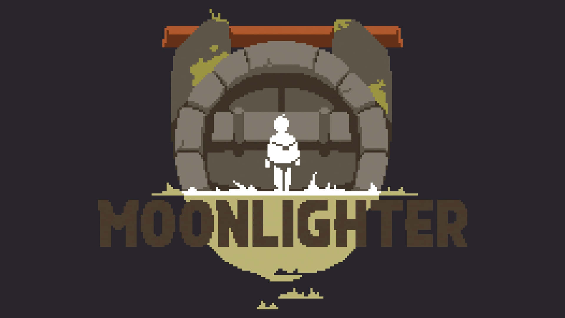 Moonlighter, pixelated white figure, stone archway, Full HD Desktop Wallpaper