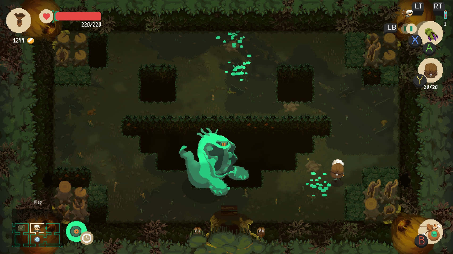 Moonlighter, glowing teal monster, dark pixelated dungeon, Full HD Desktop Wallpaper
