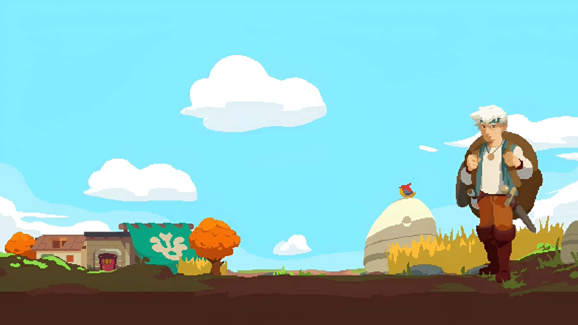 Moonlighter, village scene, pixel art adventurer, Full HD Desktop Wallpaper