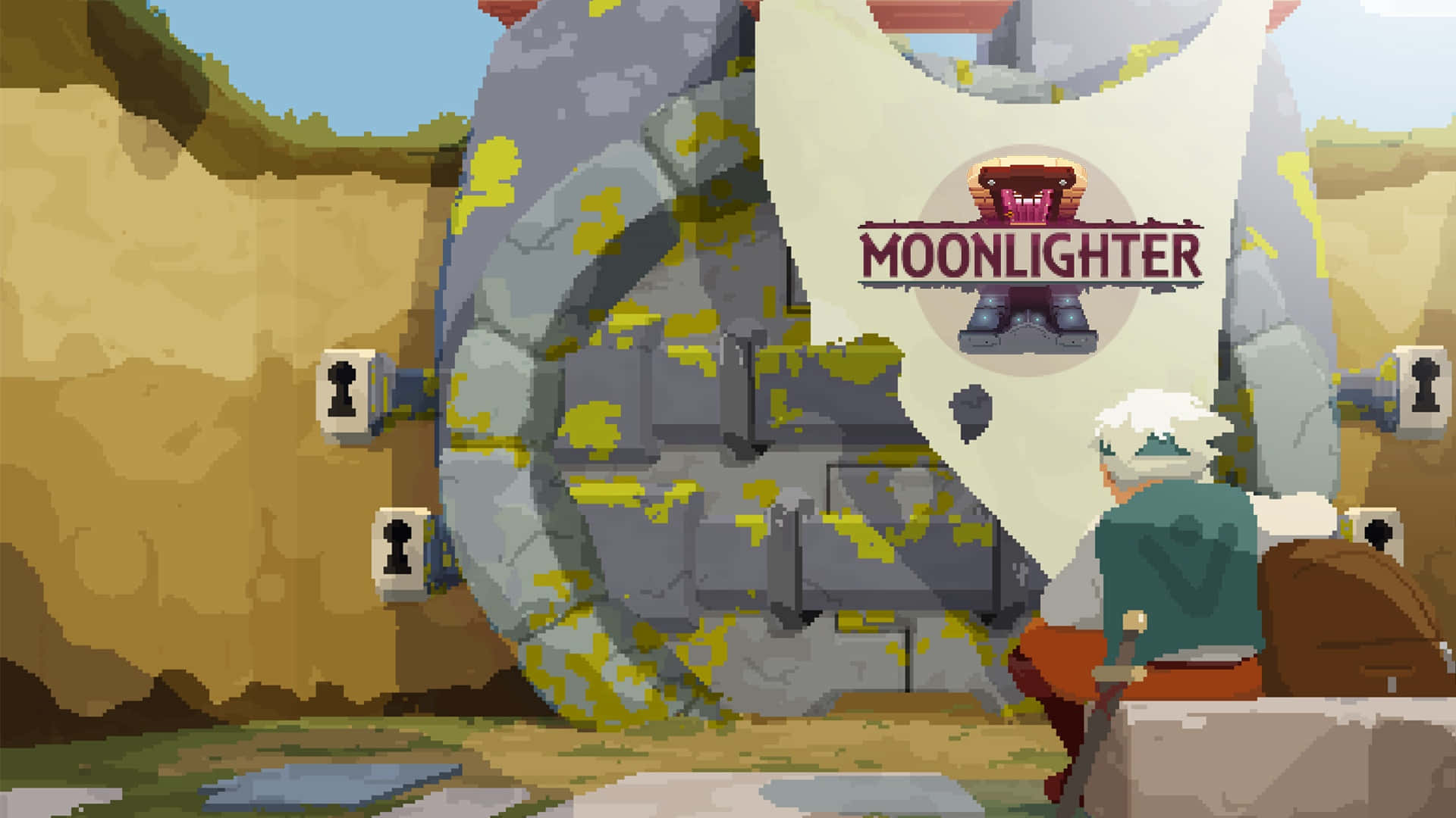 Moonlighter, pixel art adventurer, white hair, Full HD Desktop Wallpaper