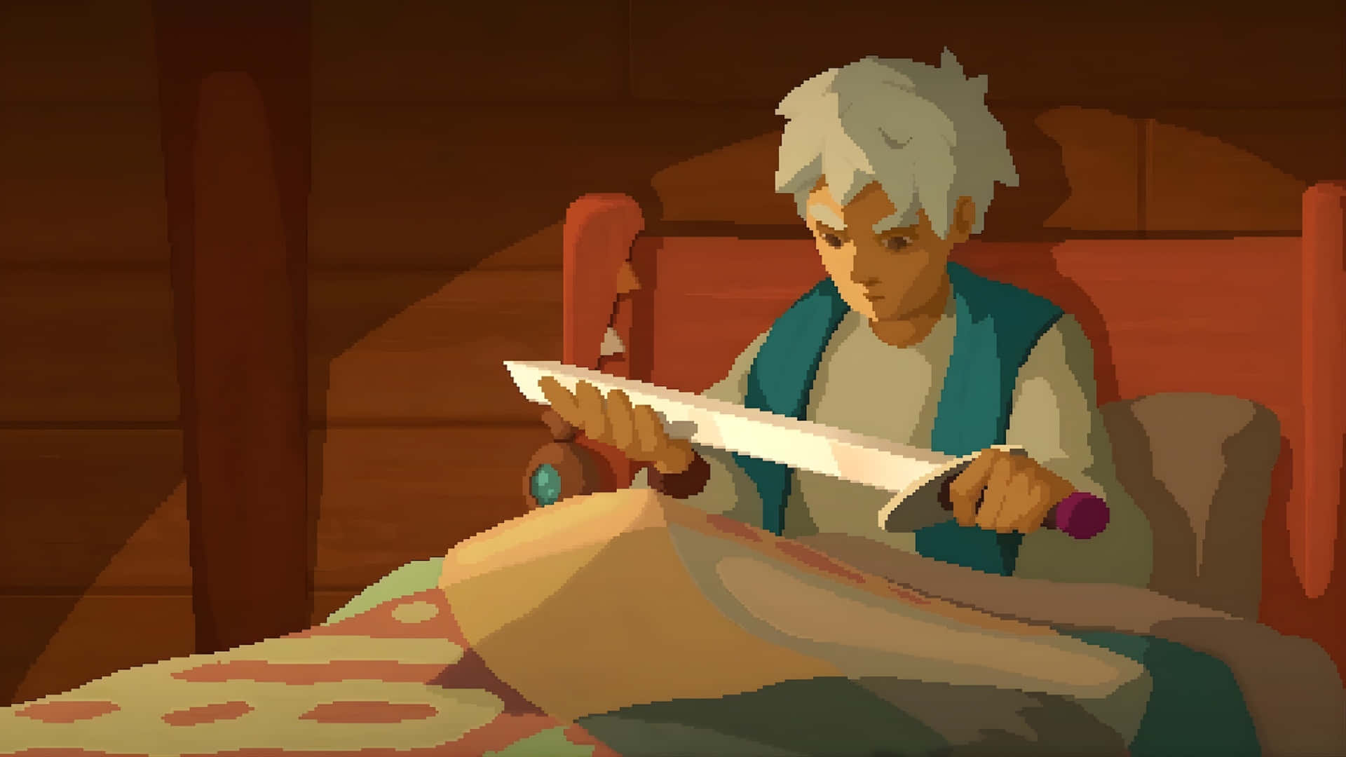 Moonlighter, character crafting sword, white hair, Full HD Desktop Wallpaper