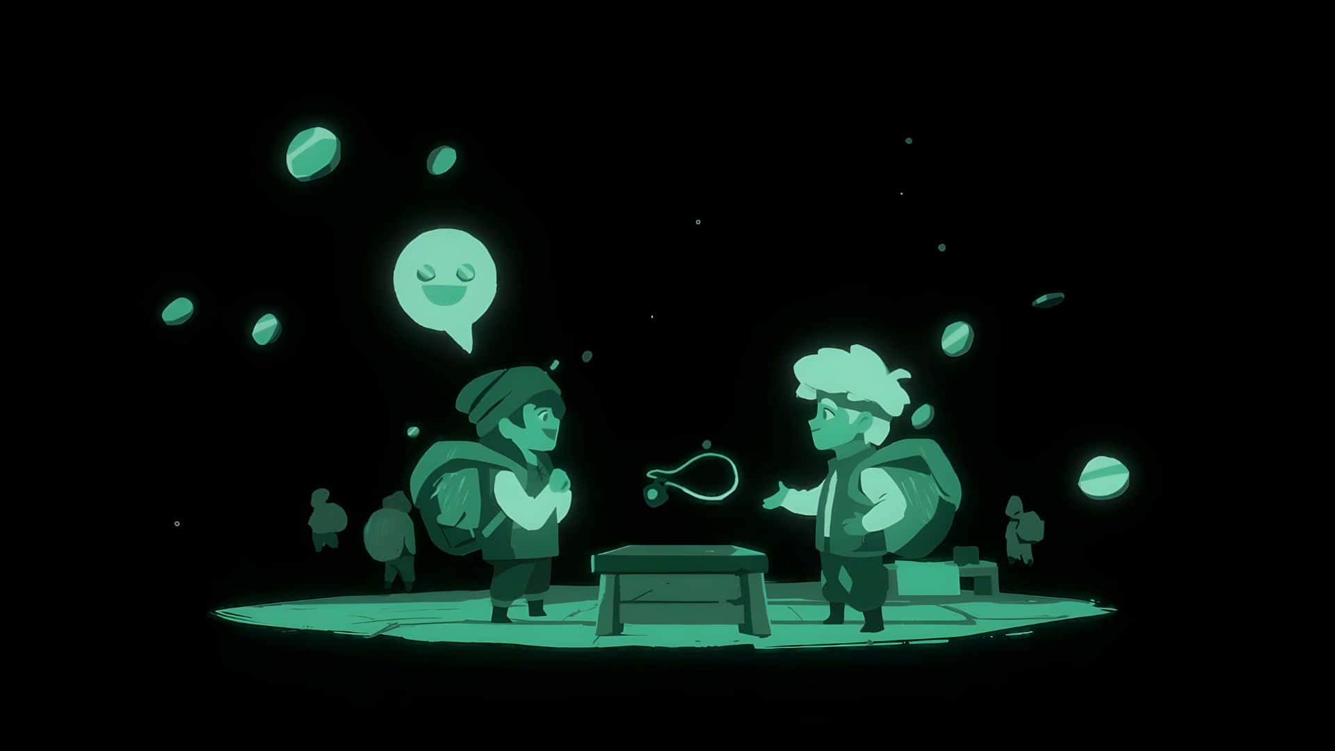Moonlighter, nighttime shopkeeper scene, glowing green, Full HD Desktop Wallpaper