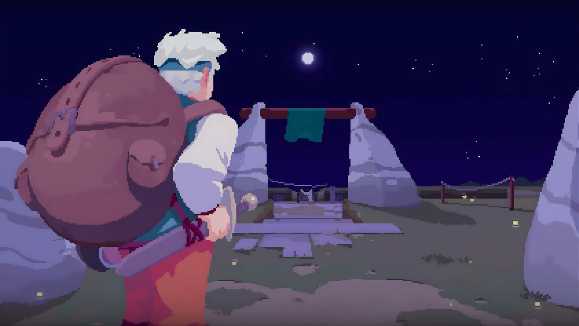 Moonlighter, starry night sky, shrine, Full HD Desktop Wallpaper