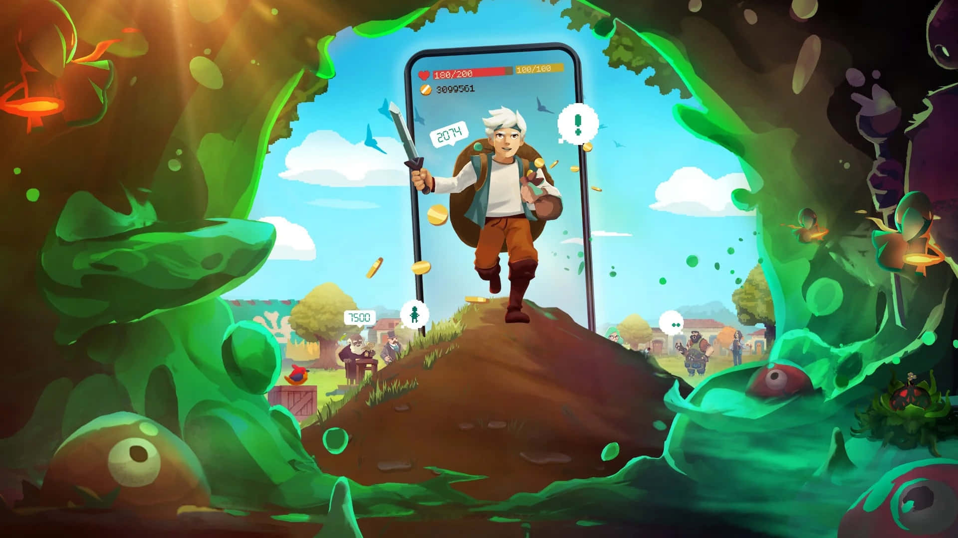 Moonlighter, game UI elements, glowing green cave, Full HD Desktop Wallpaper