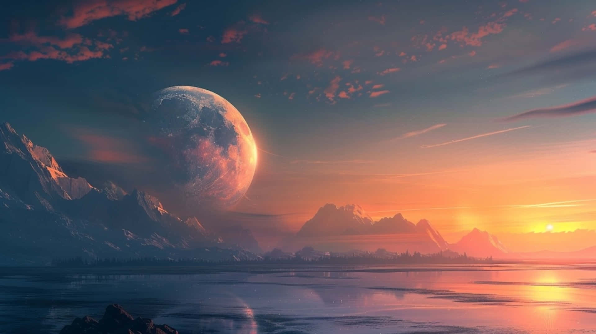 majestic moonrise, mountains, surreal sunset, Full HD Desktop Wallpaper