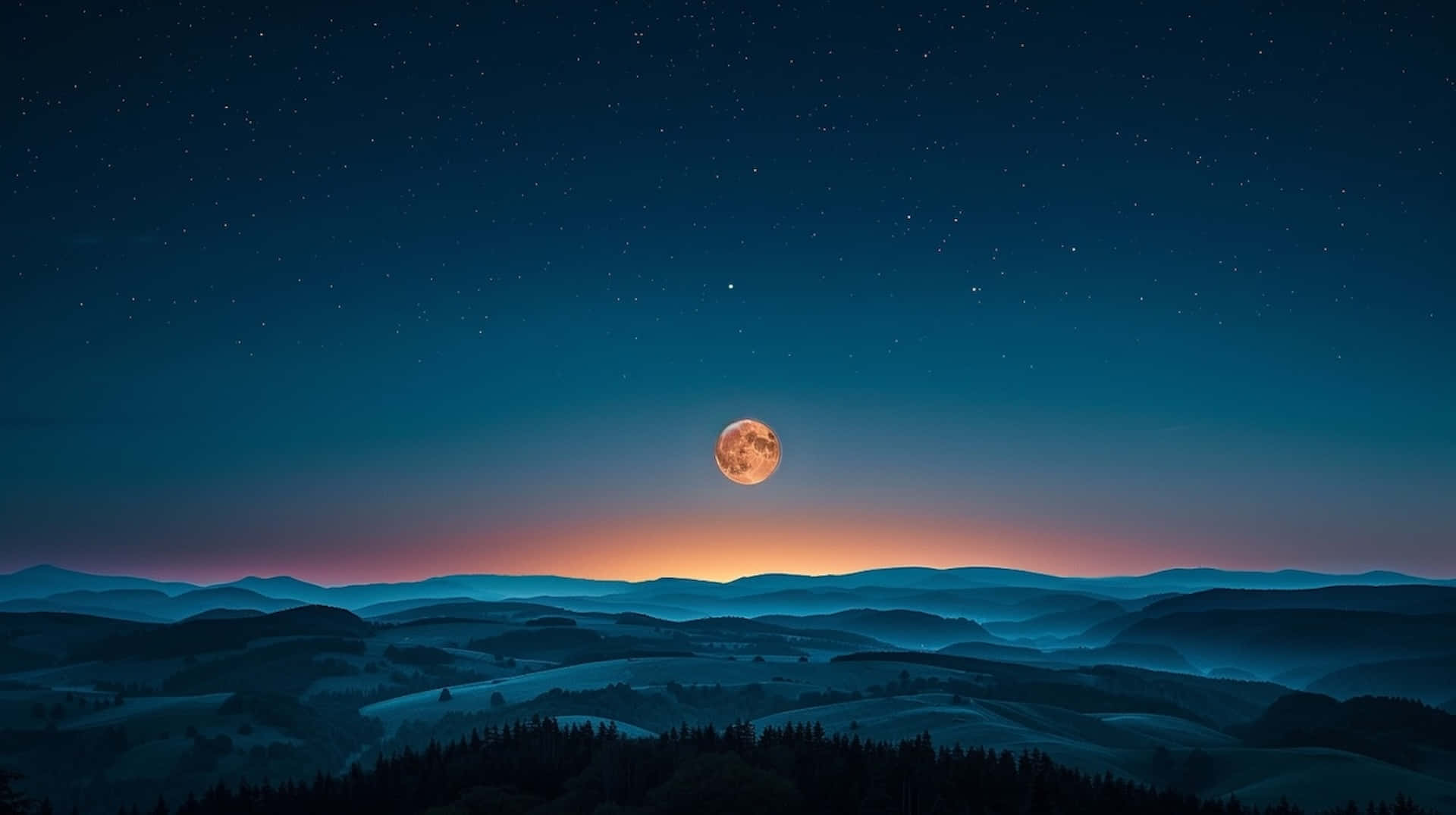 Serene Moonrise Over Hills, full moon, layered mountain ridges, Full HD Desktop Wallpaper