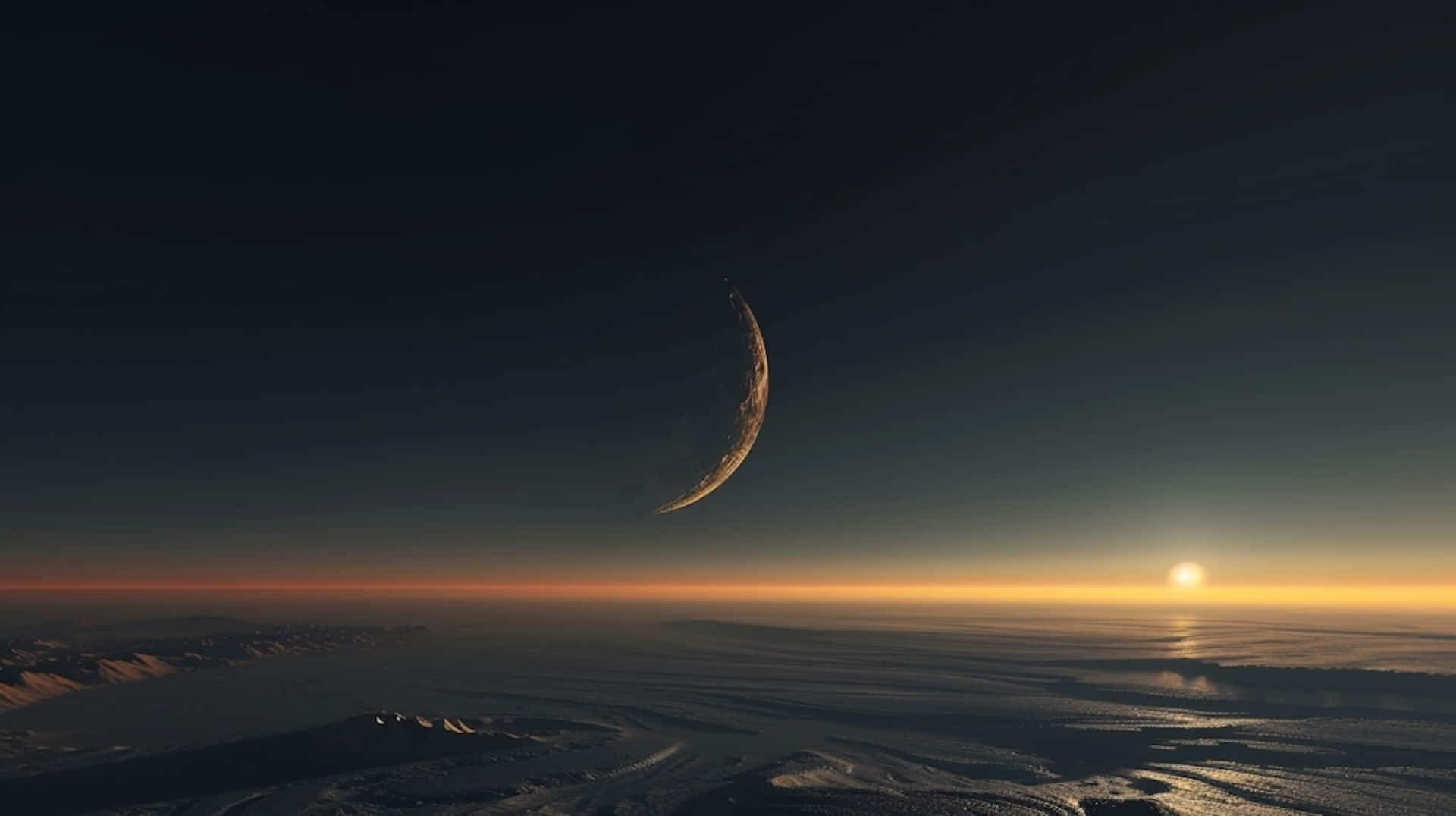 crescent moon, snowy landscape, frozen landscape, Full HD Desktop Wallpaper