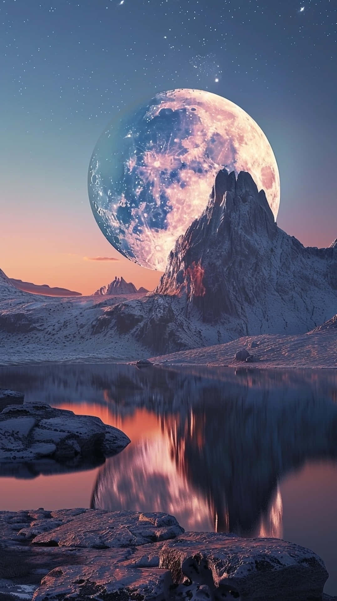 majestic moonrise, mountain lake, snowcapped mountains, Full HD Phone Wallpaper