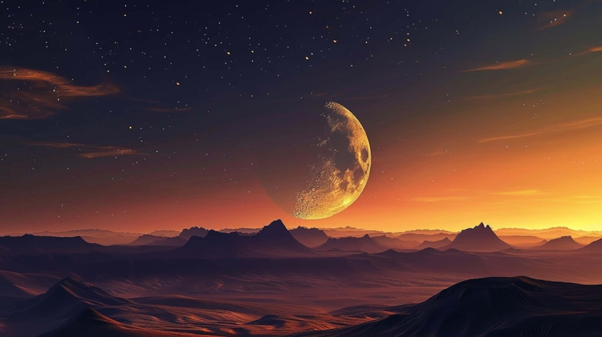 desert landscape, glowing crescent moon, sunset, Full HD Desktop Wallpaper