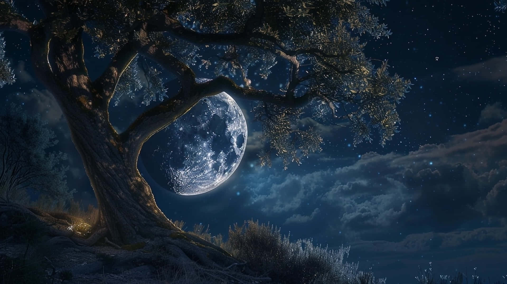 enchanted moonlit night scene, majestic tree, glowing moon, Full HD Desktop Wallpaper