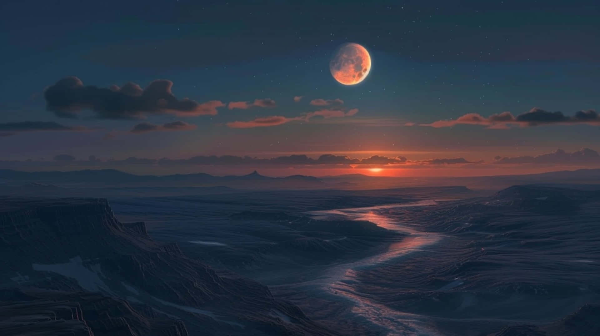 Twilight Moonrise, glowing moon, setting sun, Full HD Desktop Wallpaper