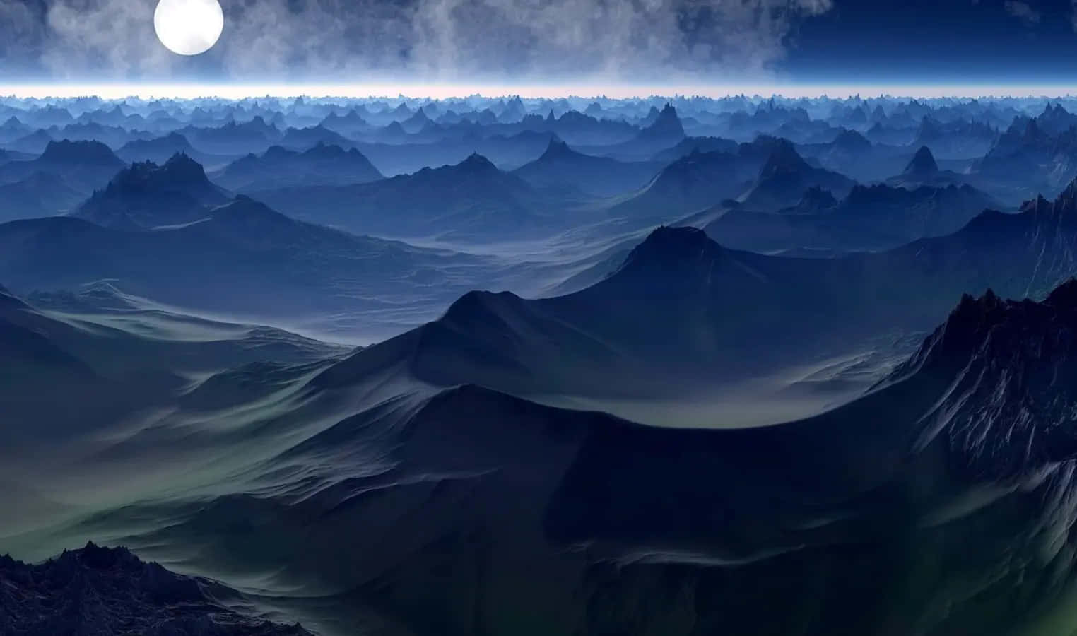 moonlit mountain range, hazy blue distance, glowing full moon, HD Desktop Wallpaper
