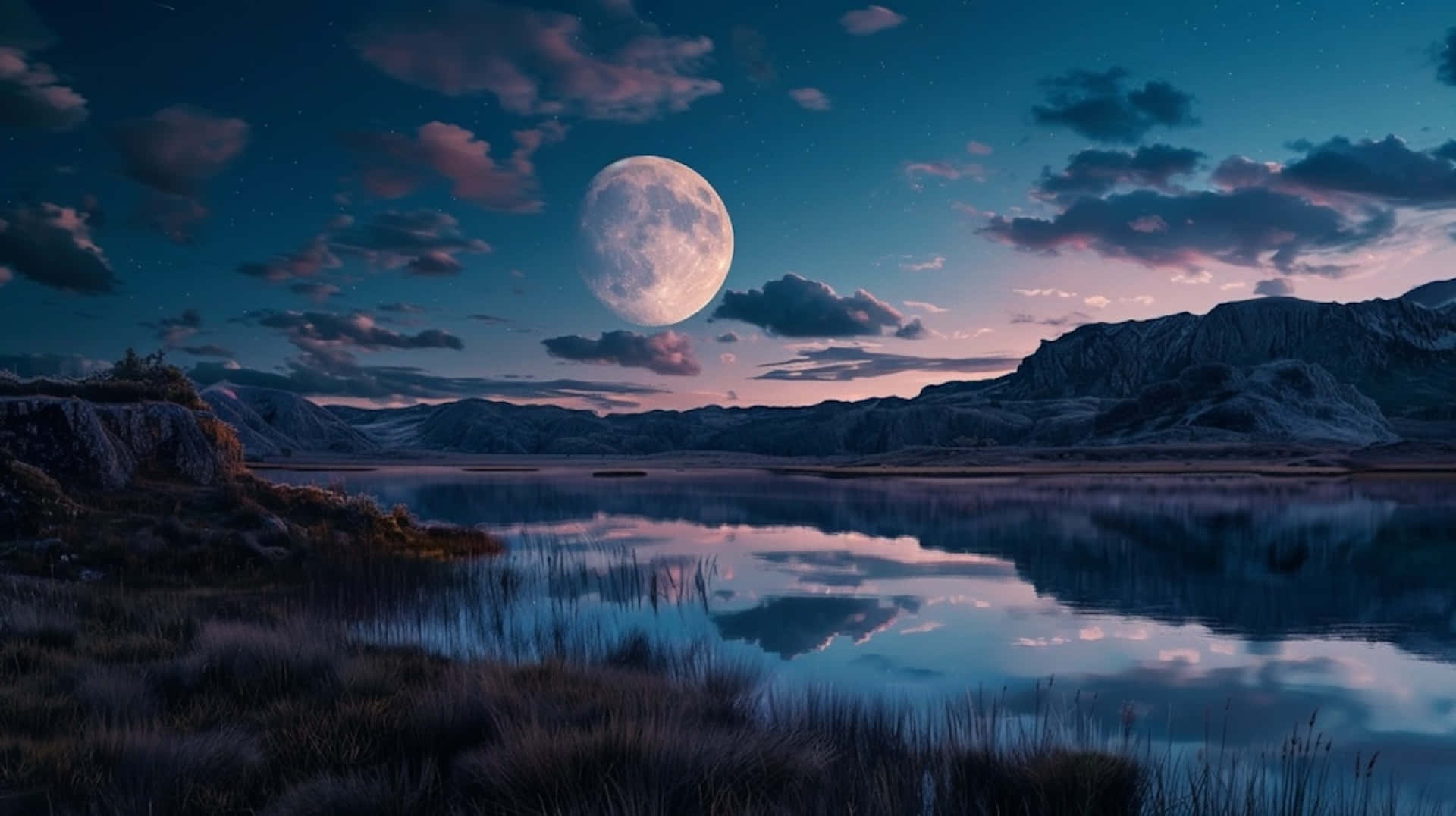 Tranquil Moonrise, lake, full moon, Full HD Desktop Wallpaper