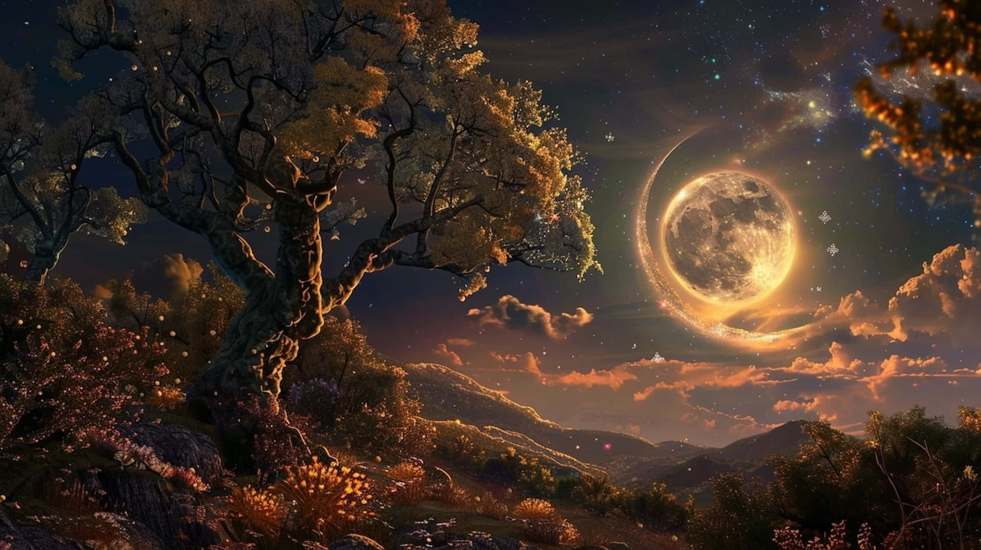 enchanted moonlit night scene, glowing crescent moon, starry twilight sky, Full HD Desktop Wallpaper