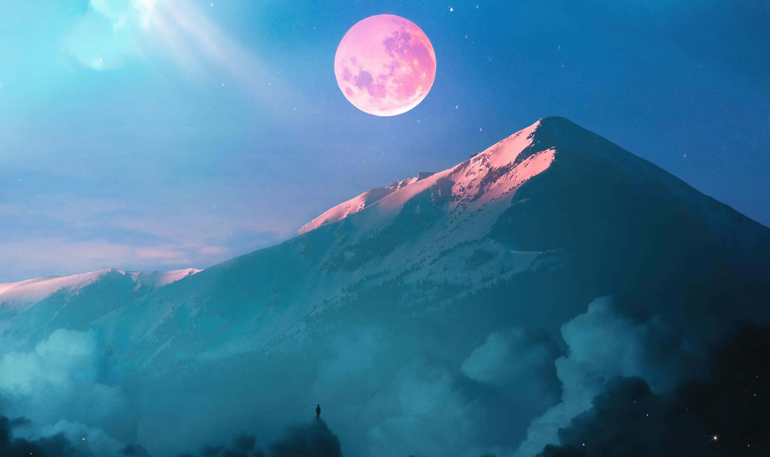 Pink Moonrise, snowy mountain, full moon, Full HD Desktop Wallpaper