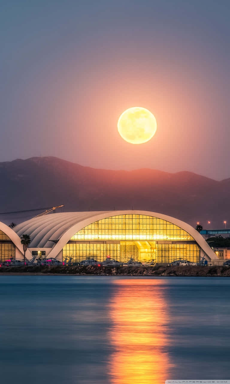 glowing full moon, modern arched building, calm water, HD Phone Wallpaper