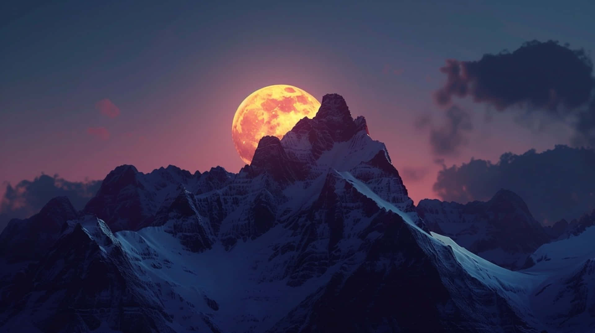 majestic moonset, mountain peaks, glowing orange moon, Full HD Desktop Wallpaper