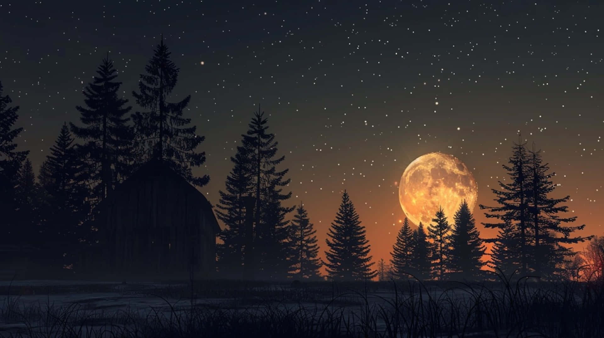Starry Night, Moonset, snowy pine trees, Full HD Desktop Wallpaper