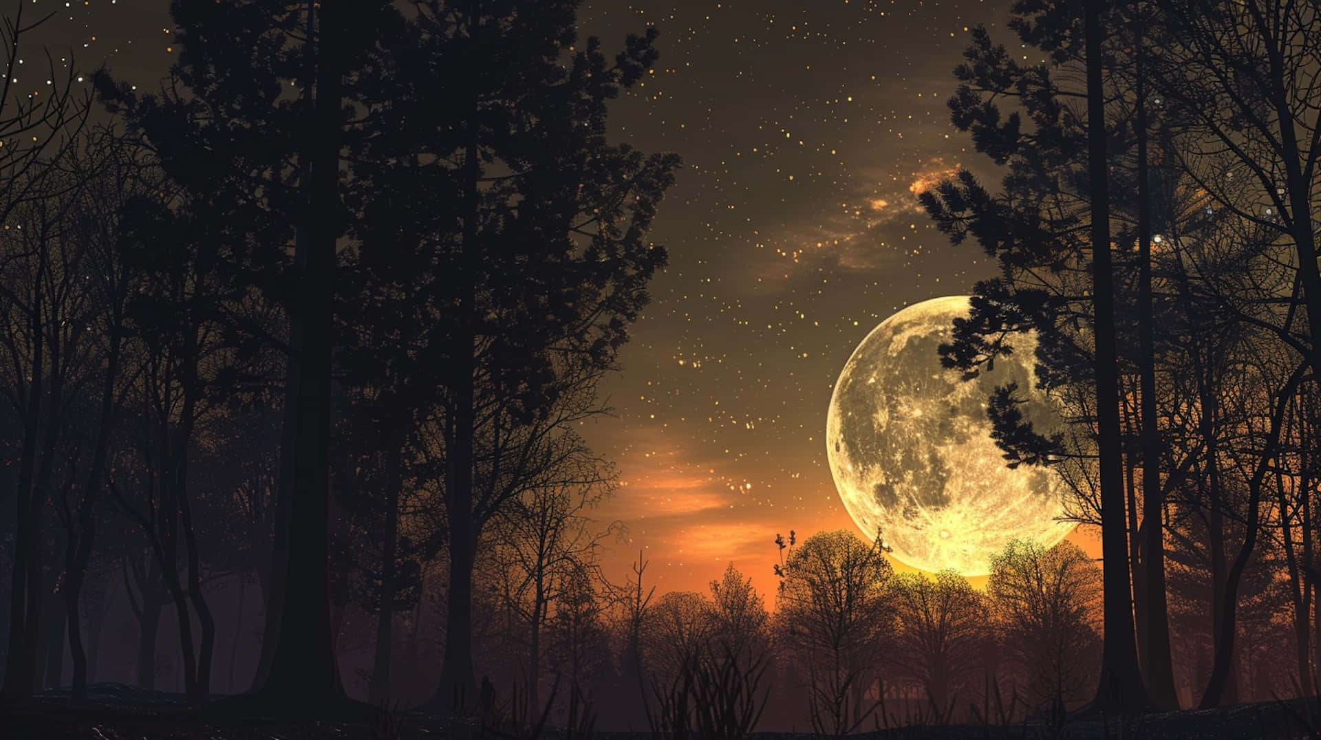 Moonset, forest, bare trees, Full HD Desktop Wallpaper
