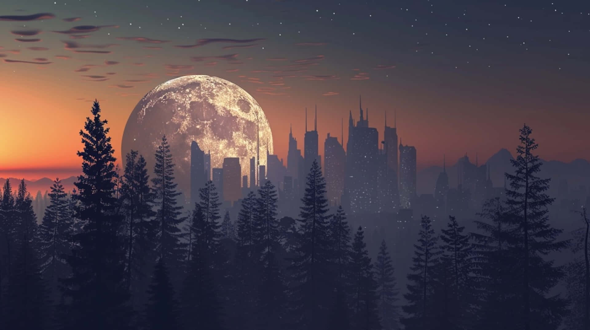 Moonset, forest cityscape, futuristic city skyline, Full HD Desktop Wallpaper