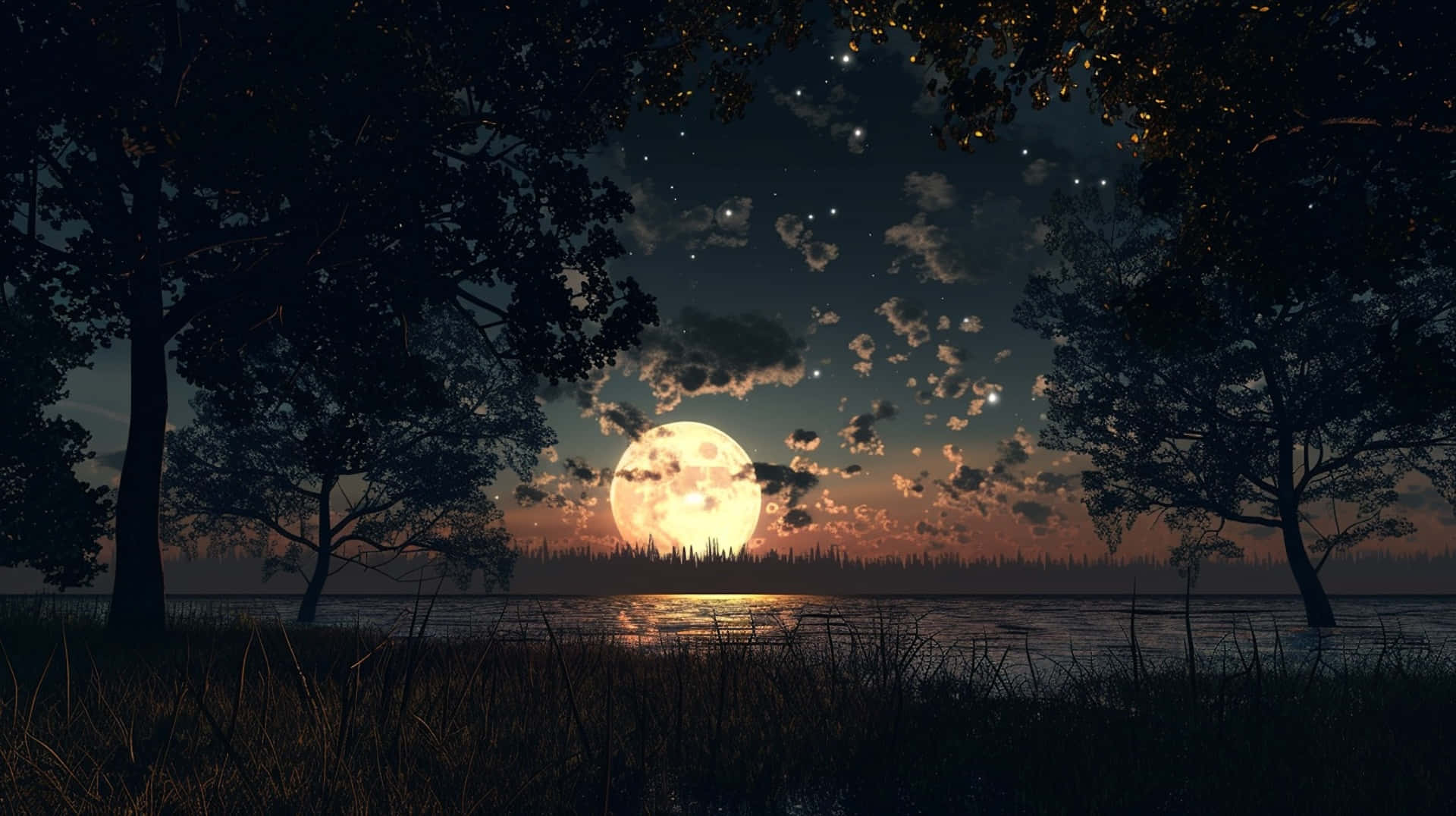 Tranquil Moonset by Lake, full moon, tranquil lake, Full HD Desktop Wallpaper