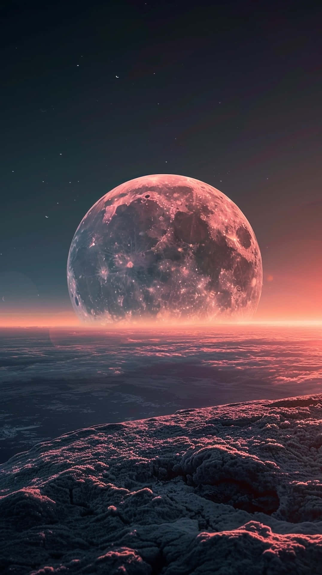 surreal moonset, pinkish moon, rugged alien landscape, Full HD Phone Wallpaper