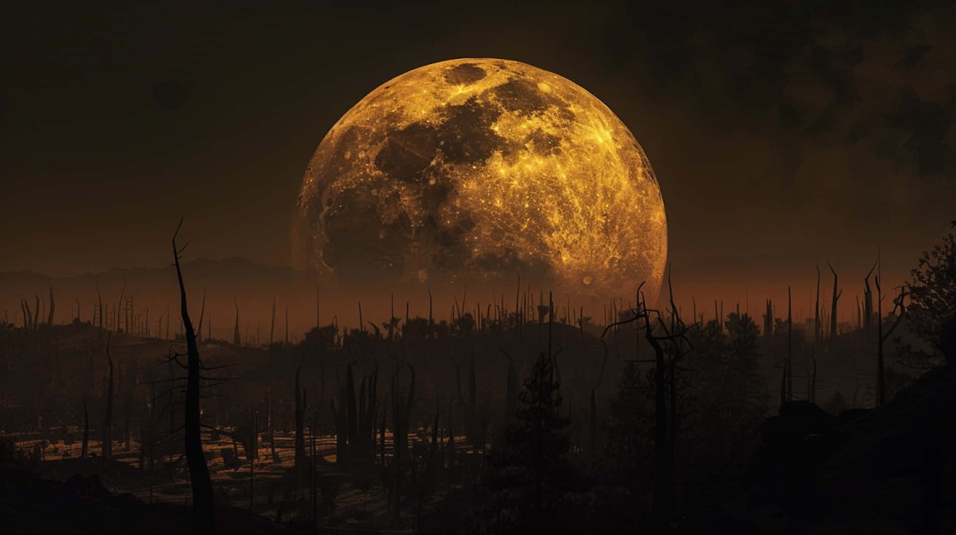 majestic moonset, burnt forest, colossal glowing orange moon, Full HD Desktop Wallpaper