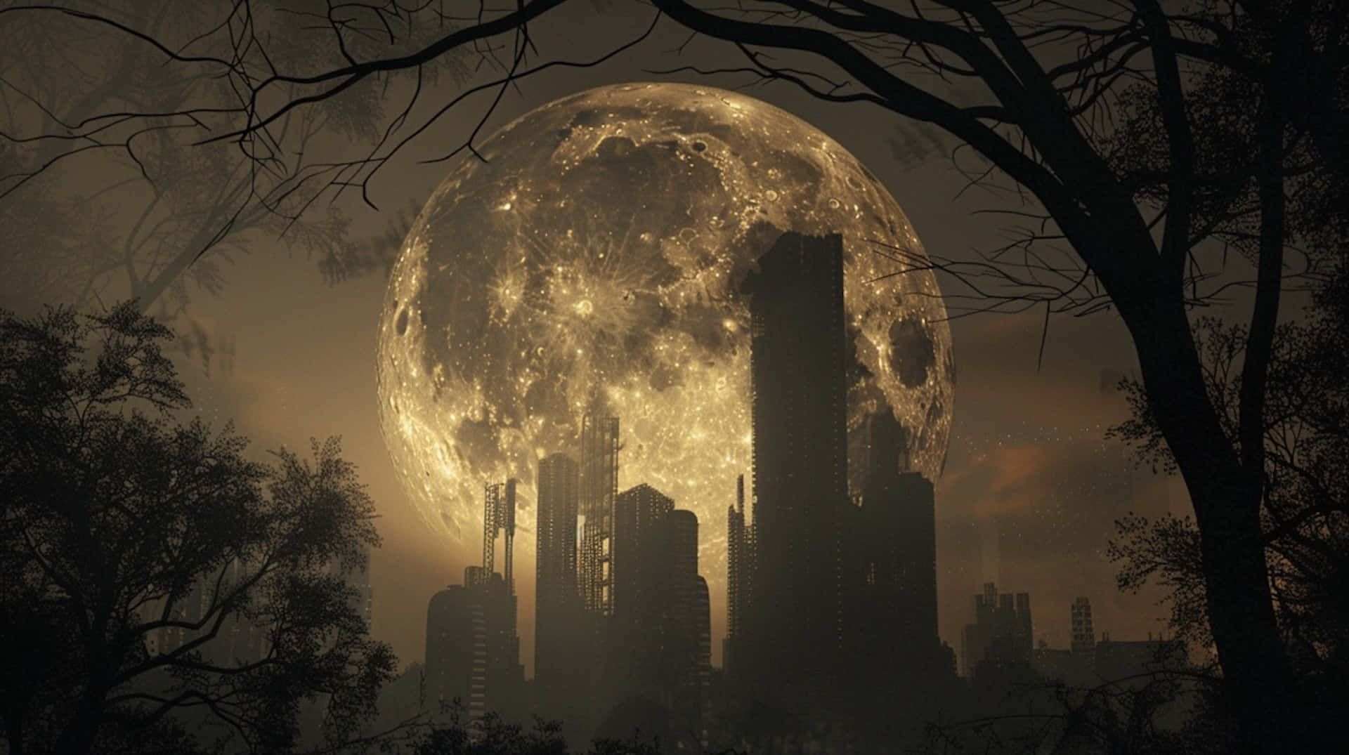 gigantic moon, cityscape, dark cityscape, Full HD Desktop Wallpaper