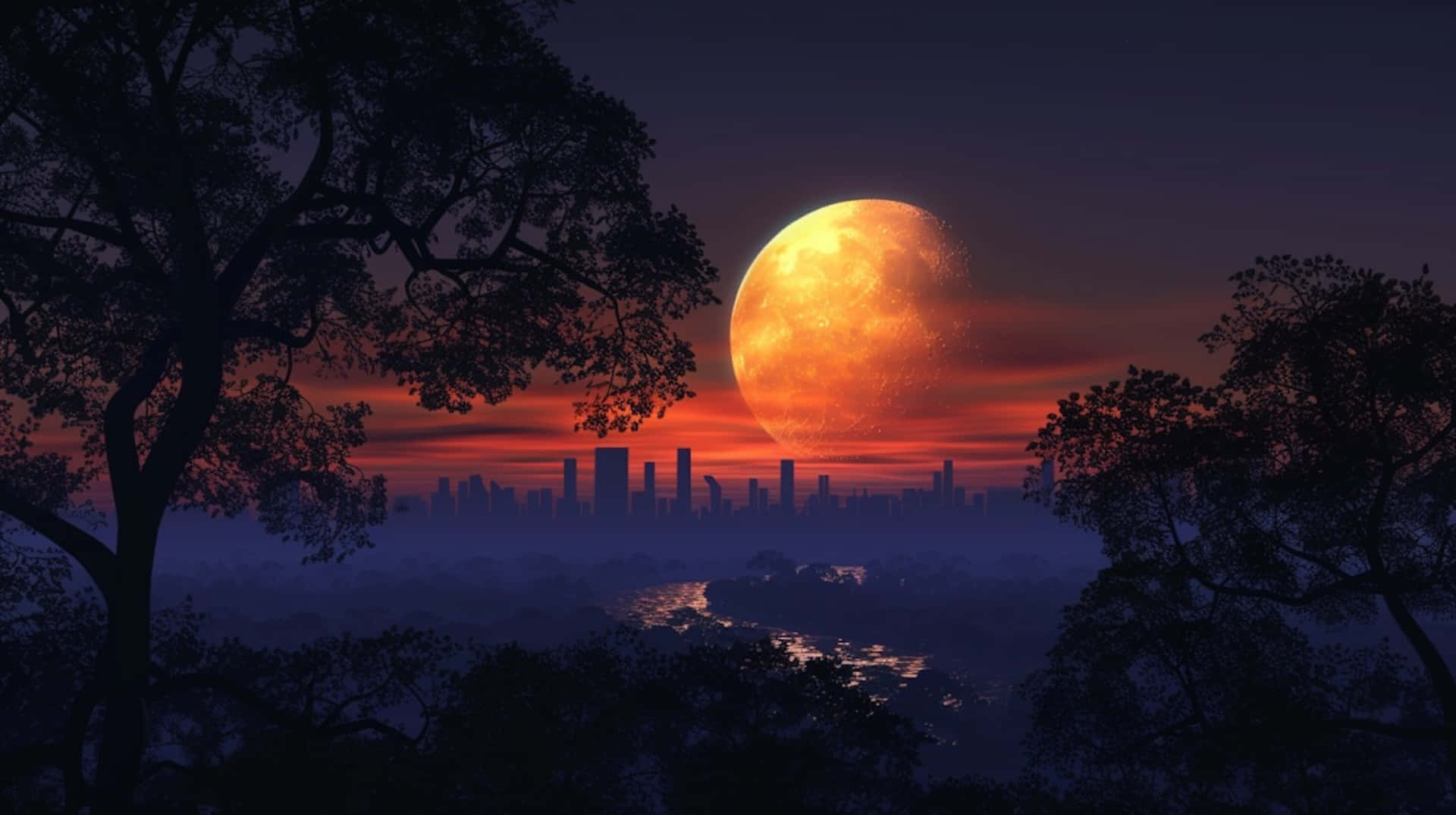 colossal orange moon, misty city skyline, dark silhouetted trees, Full HD Desktop Wallpaper