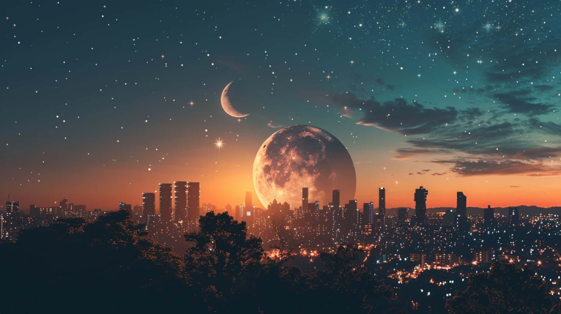 Starry Night, city skyline, twilight, Full HD Desktop Wallpaper