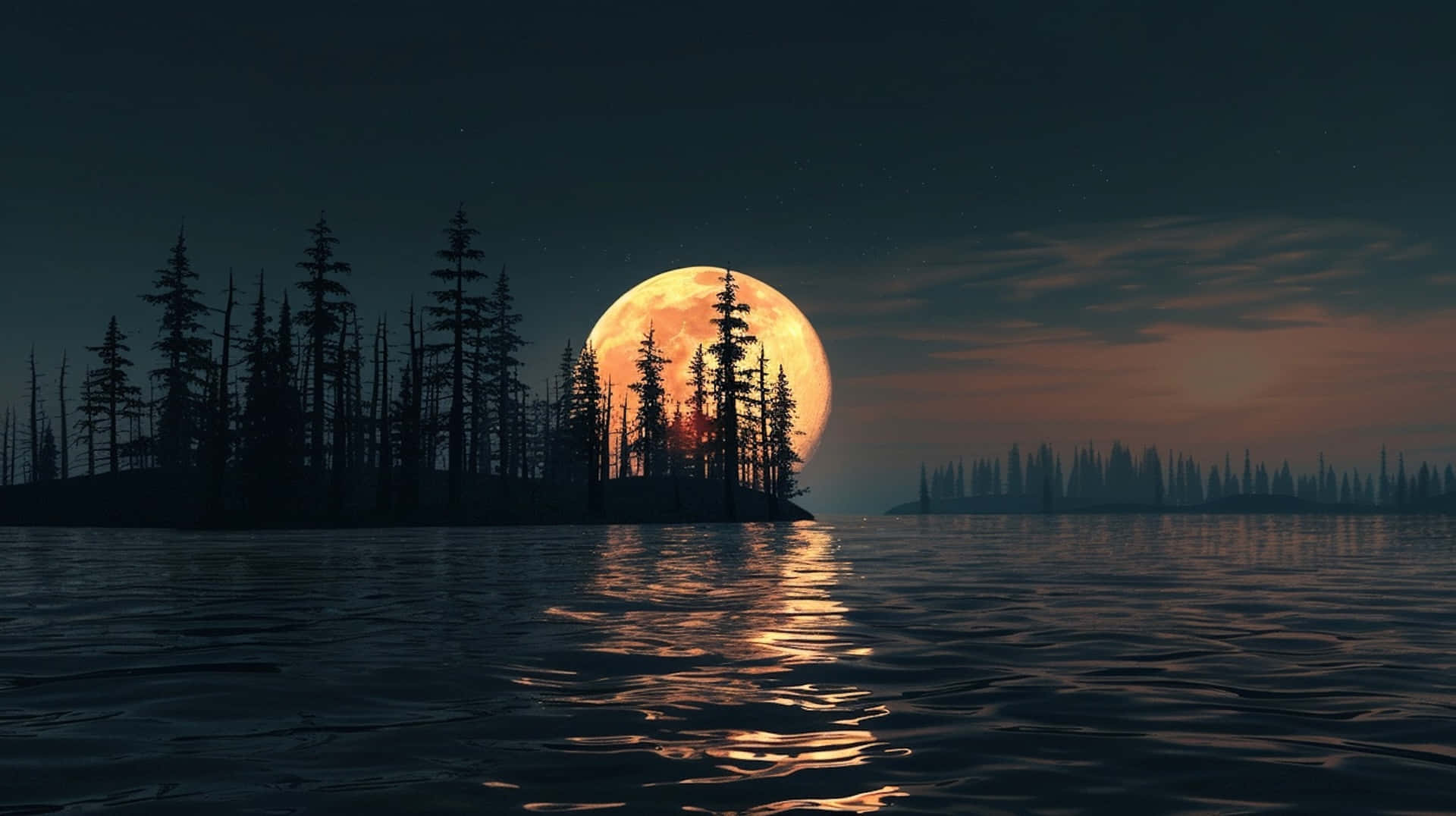 Tranquil Moonset, giant glowing orange moon, silhouetted pine trees, Full HD Desktop Wallpaper