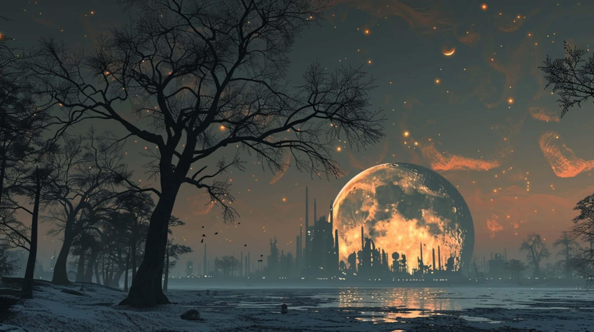 futuristic cityscape, glowing alien moon, twilight, Full HD Desktop Wallpaper