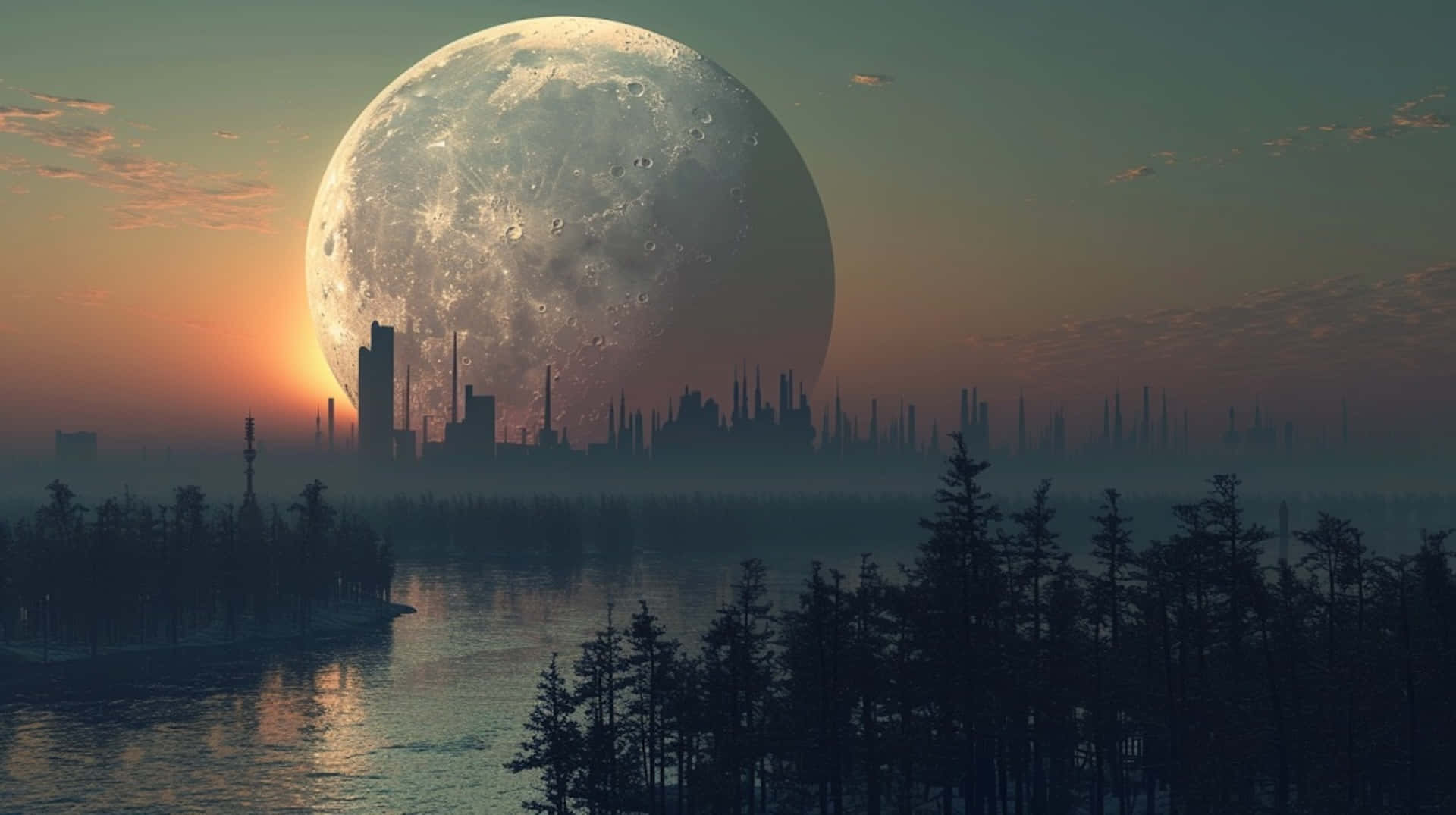 colossal cratered moon, futuristic city skyline, twilight, Full HD Desktop Wallpaper
