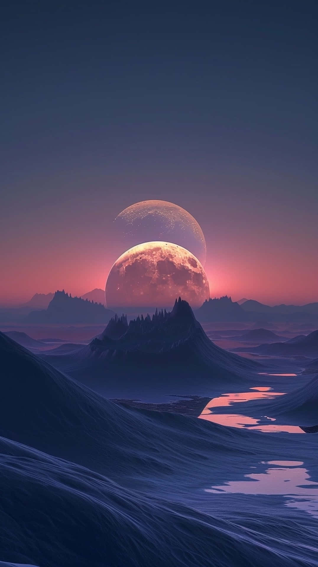 surreal moonset, purple mountains, reflective river, Full HD Phone Wallpaper