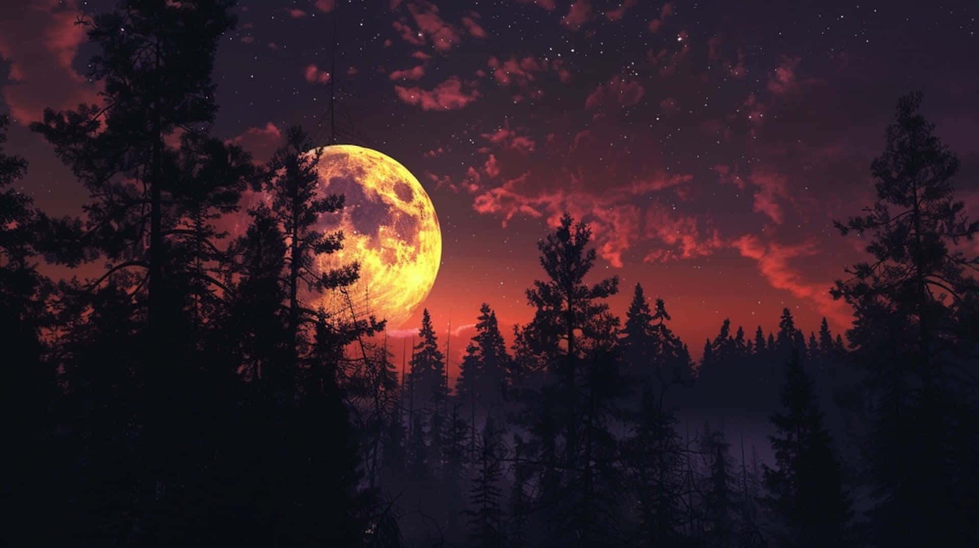 Twilight Moonset, forest, full moon, Full HD Desktop Wallpaper