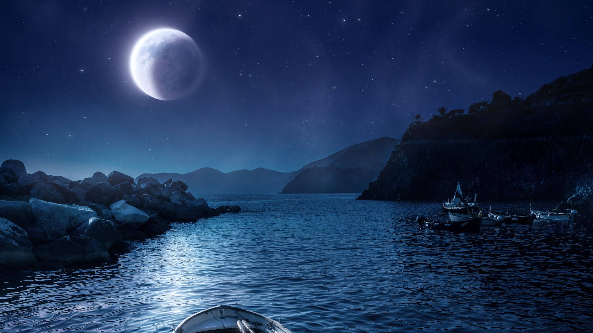 beach night, waxing gibbous moon, rocky shores, Full HD Desktop Wallpaper