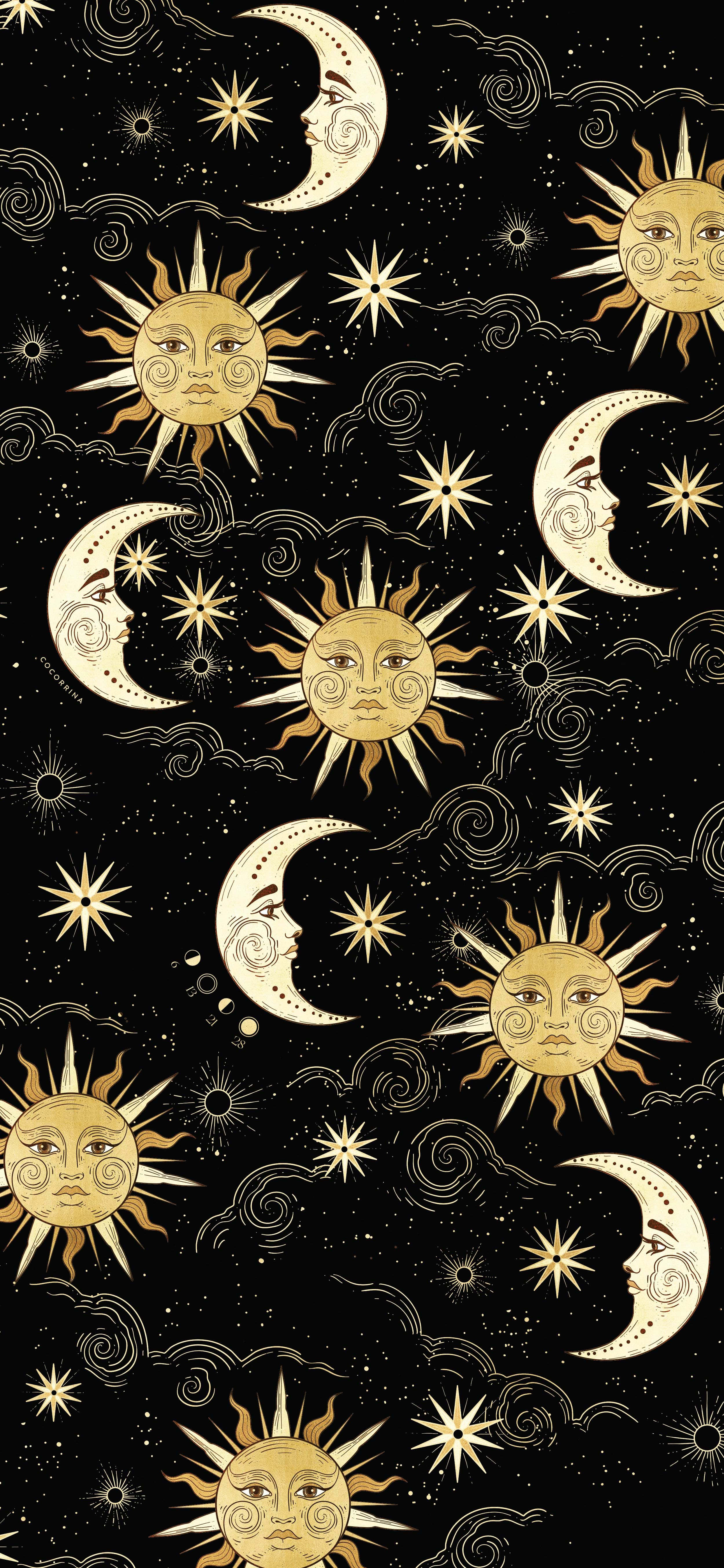 Celestial Sunsand Moons Pattern, golden celestial faces, suns and moons, 5K Phone Wallpaper