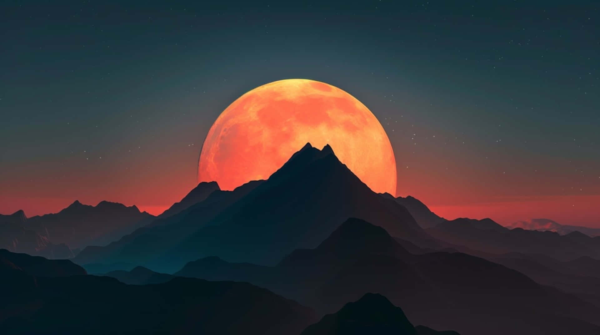 majestic moonset, mountains, colossal orange moon, Full HD Desktop Wallpaper