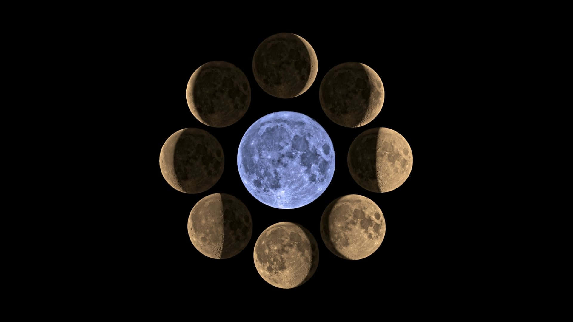 Moon Phase, glowing blue full moon, eight earth-toned lunar phases, Full HD Desktop Wallpaper