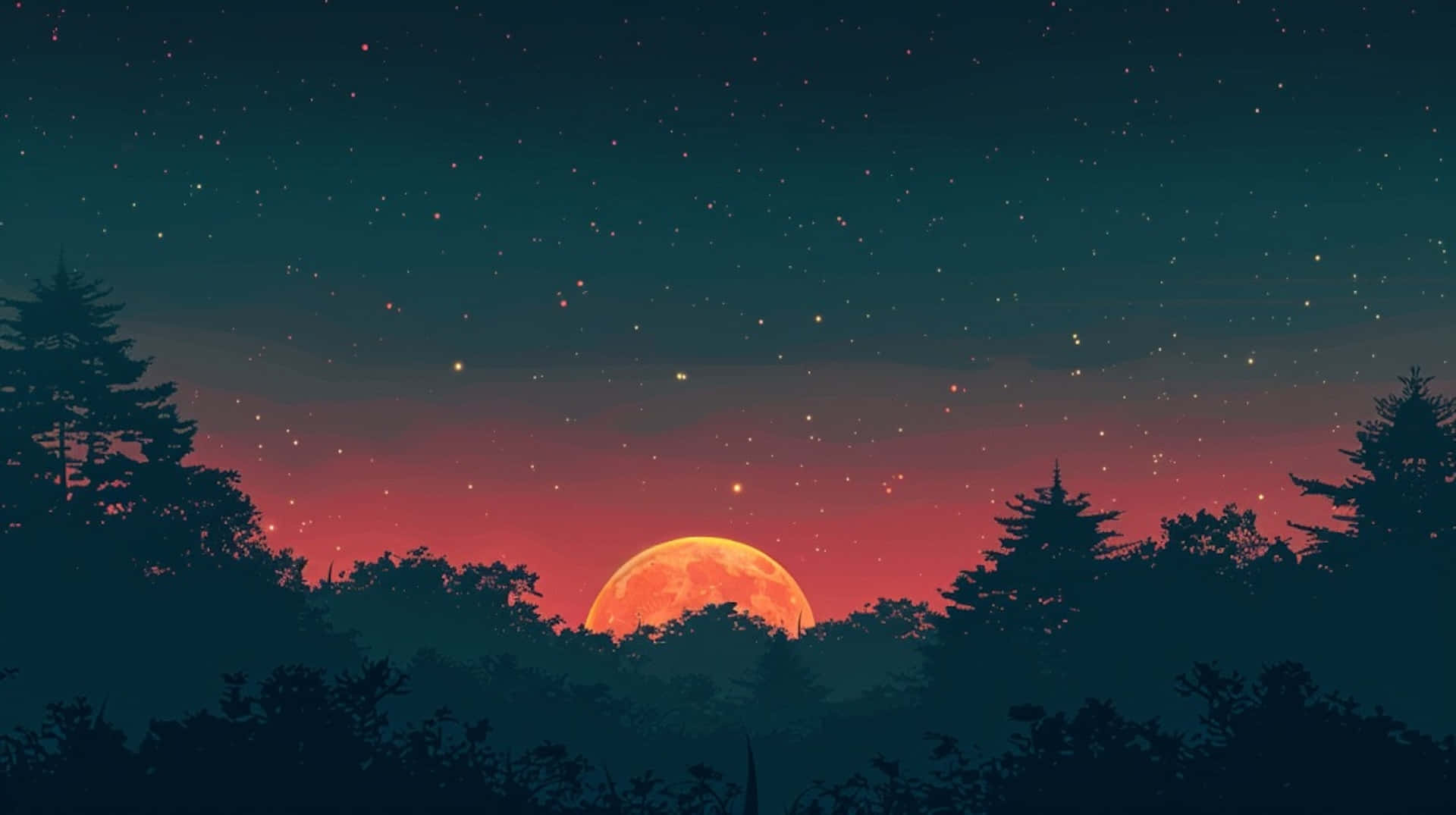Twilight, Moonset, Forest, Full HD Desktop Wallpaper