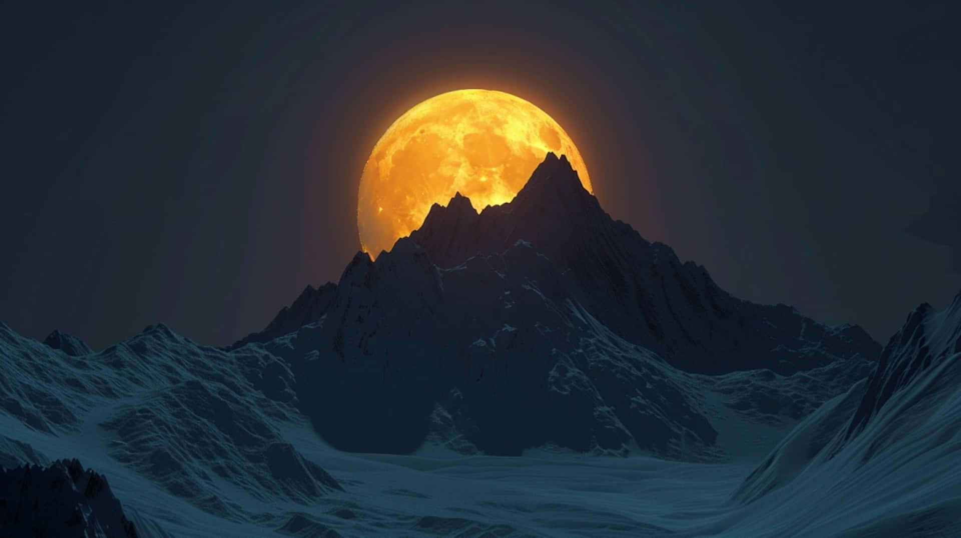 golden moonset, mountain peaks, glowing orange moon, Full HD Desktop Wallpaper