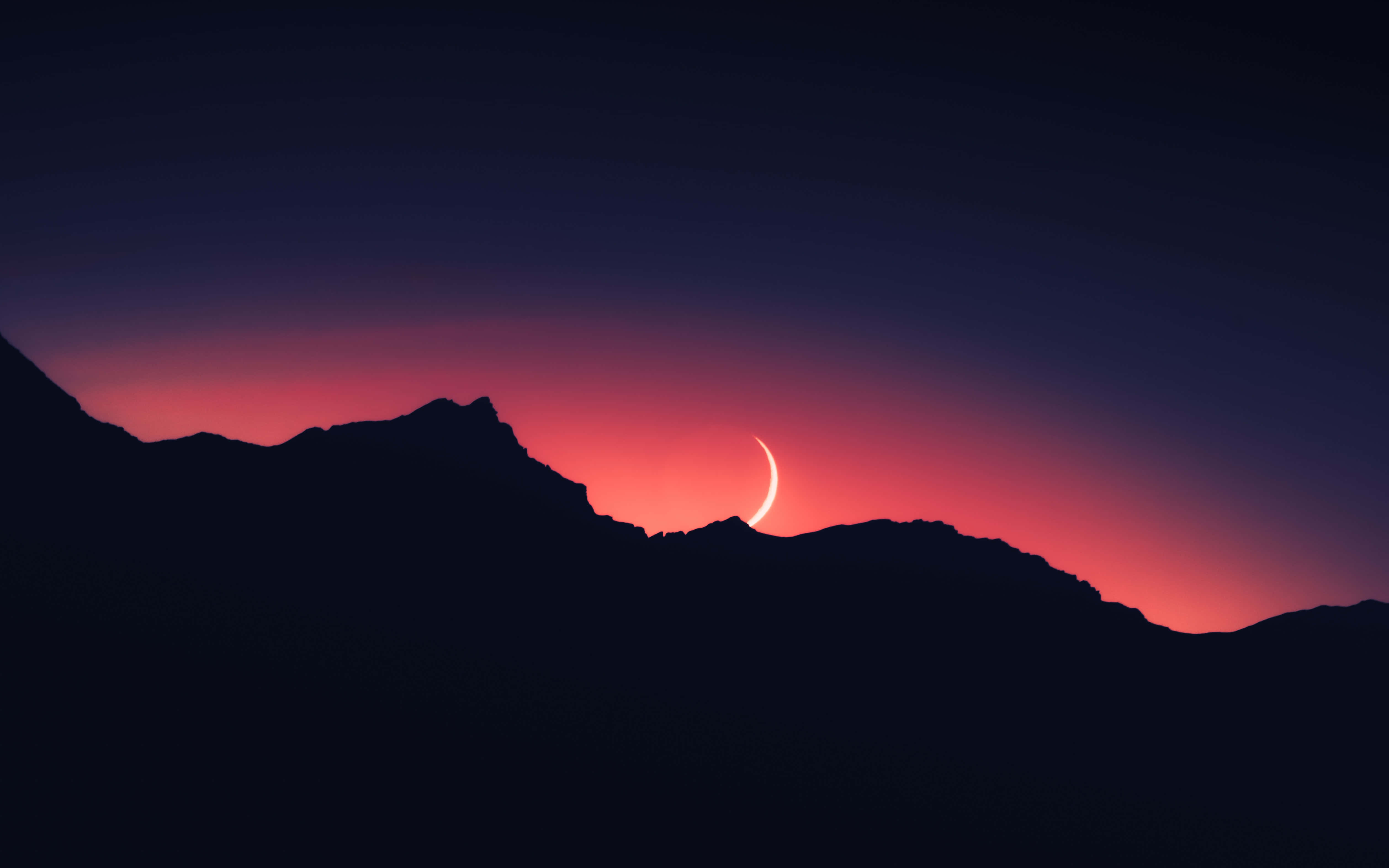 crescent moon, dark mountain silhouettes, gradient twilight sky, 4K Desktop Wallpaper