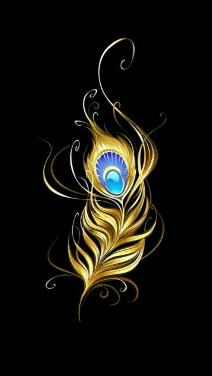 Golden Mor Pankh, golden peacock feather, glowing blue eye, HD Phone Wallpaper
