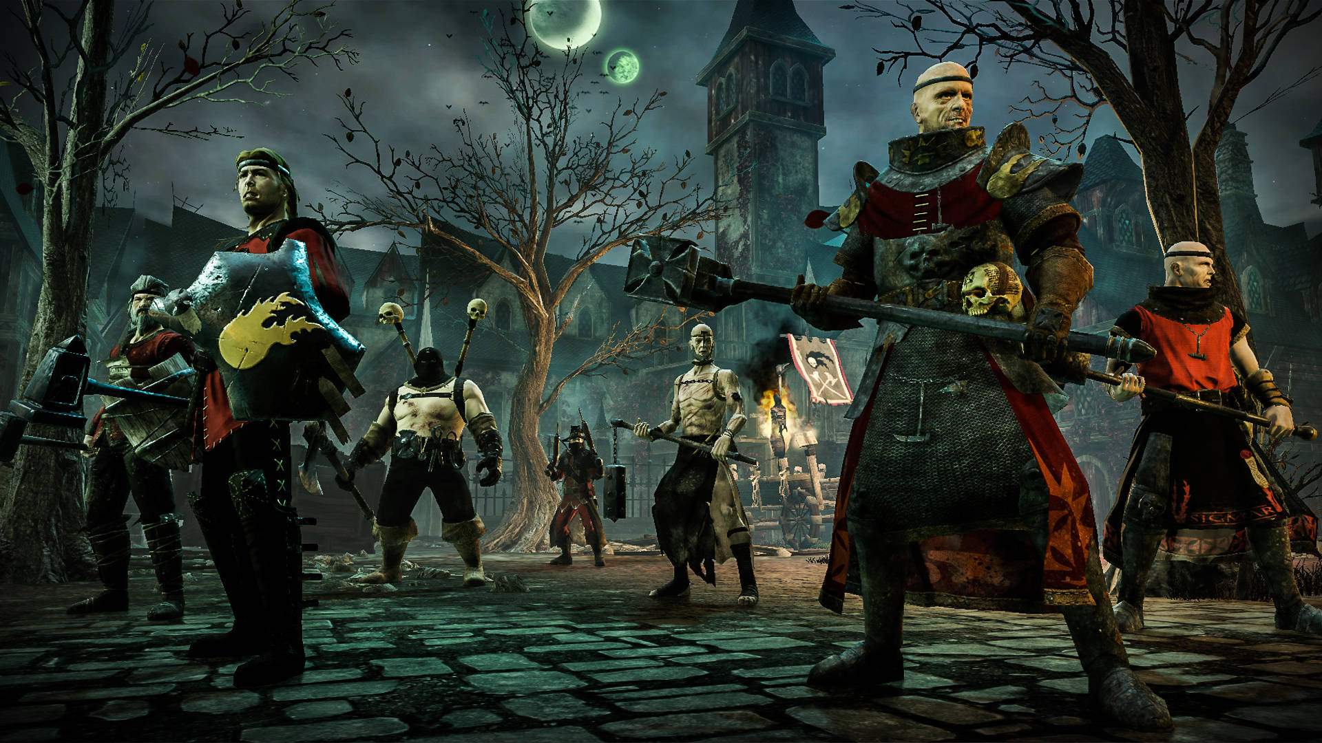 Mordheim City Of The Damned, moonlit cobblestone village, dark sky, Full HD Desktop Wallpaper