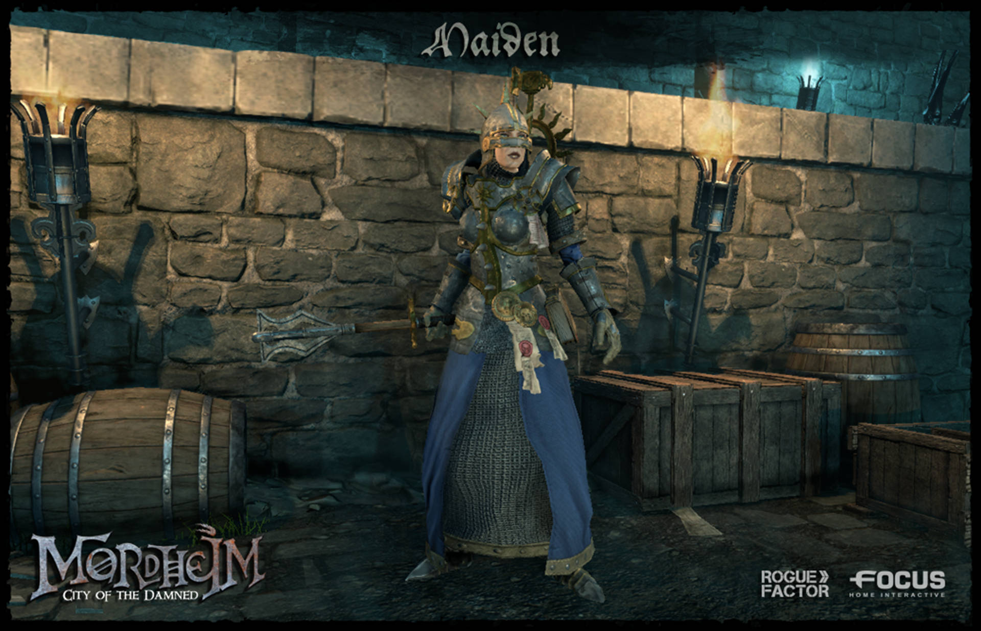 Mordheim City Of The Damned, armored warrior maiden, dim stone tavern, Full HD Desktop Wallpaper