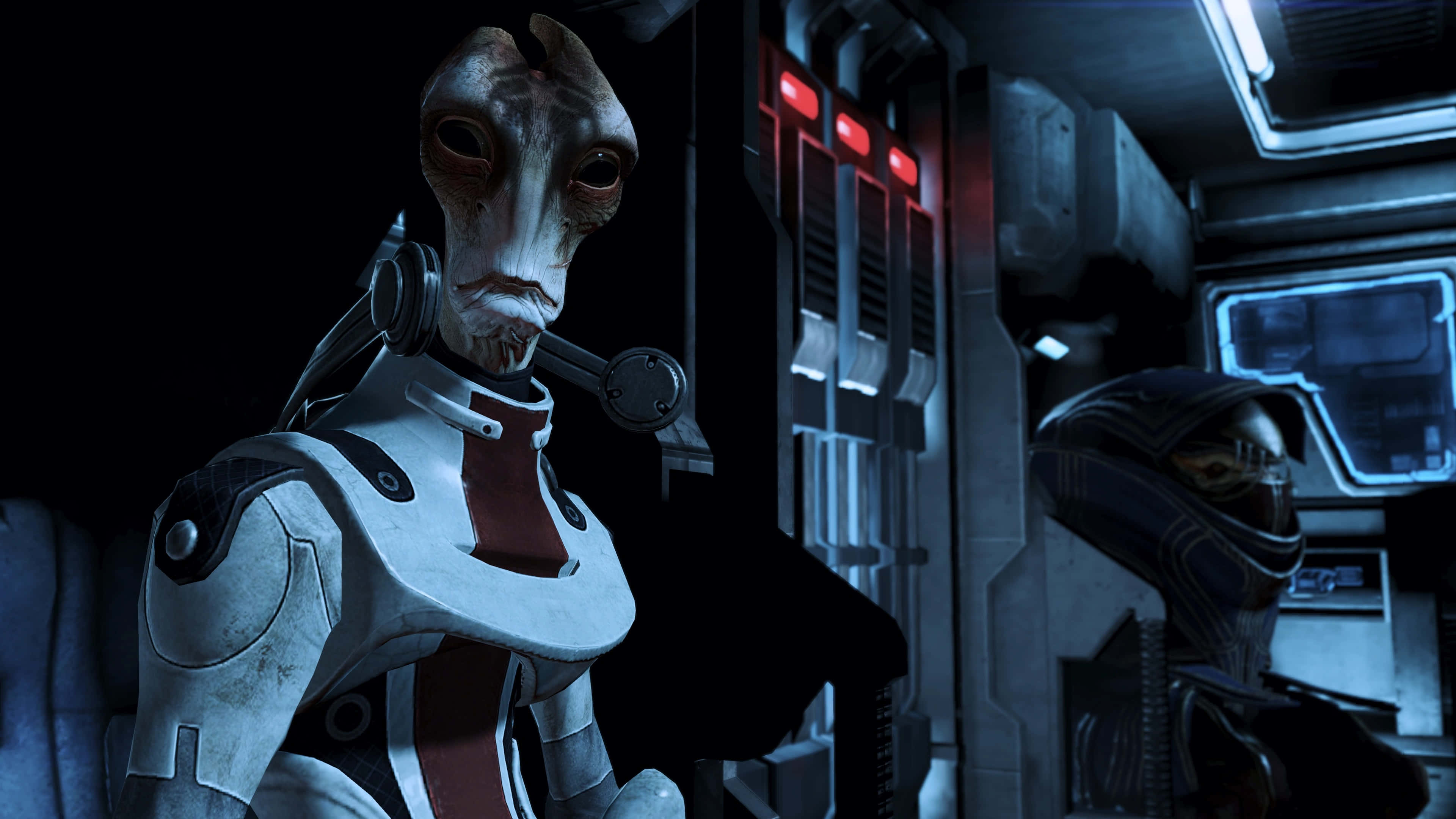 Mordin Solus, futuristic armor, dimly lit spaceship corridor, 4K Desktop Wallpaper