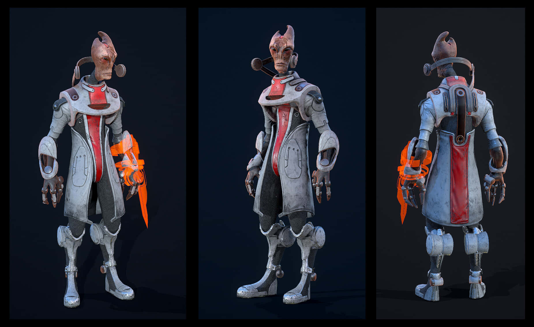 Mordin Solus, silver and red armor, orange weapon, HD Desktop Wallpaper